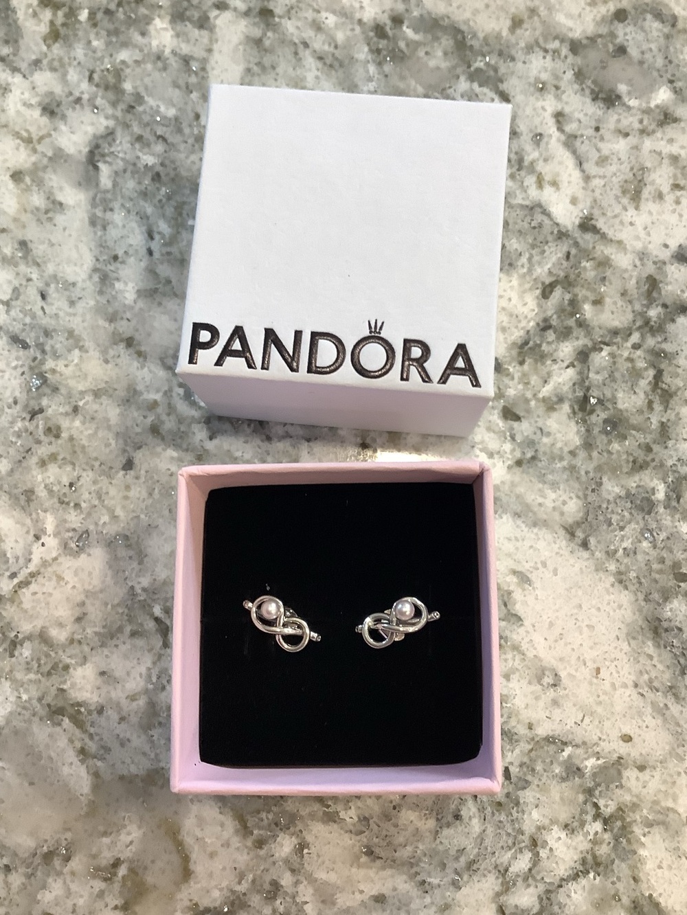 Pandora Infinity Knot Silver Stud Earrings with Artificial Pearls